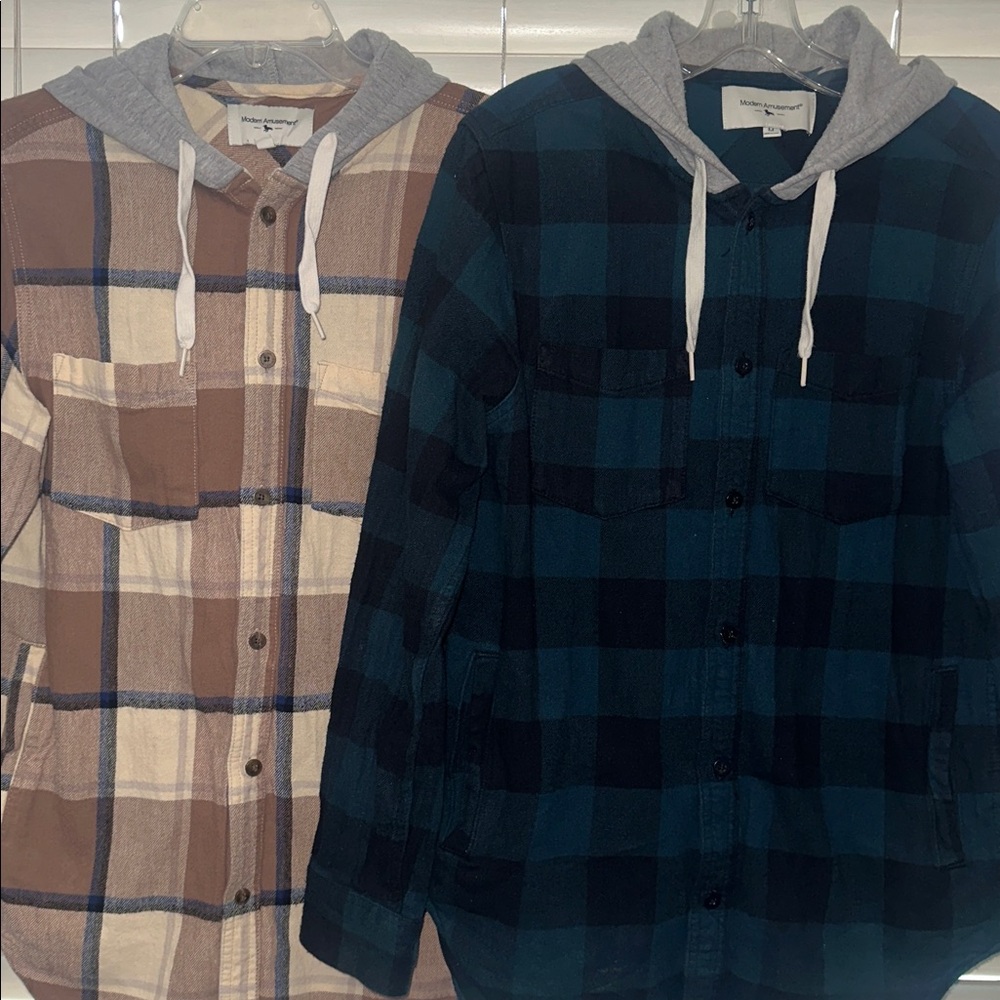 A Bundle of Two Modern Amusement Checkered Hooded Flannel Shirts M - Two Colors